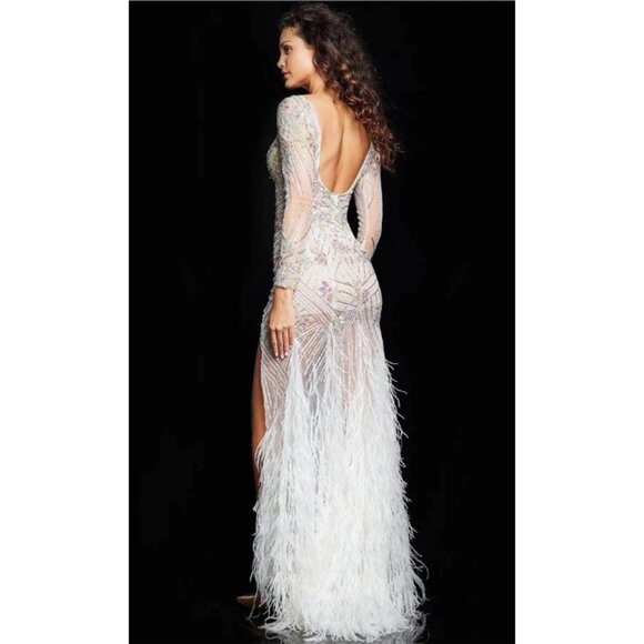 Off White/Multi Wedding Floor Bateau Long Sheath Dress By Jovani 06344 - Picture 3 of 4
